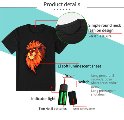 Áo thun cặp đôi LED nhấp nháy với họa tiết sư tử Unisex 100% cotton